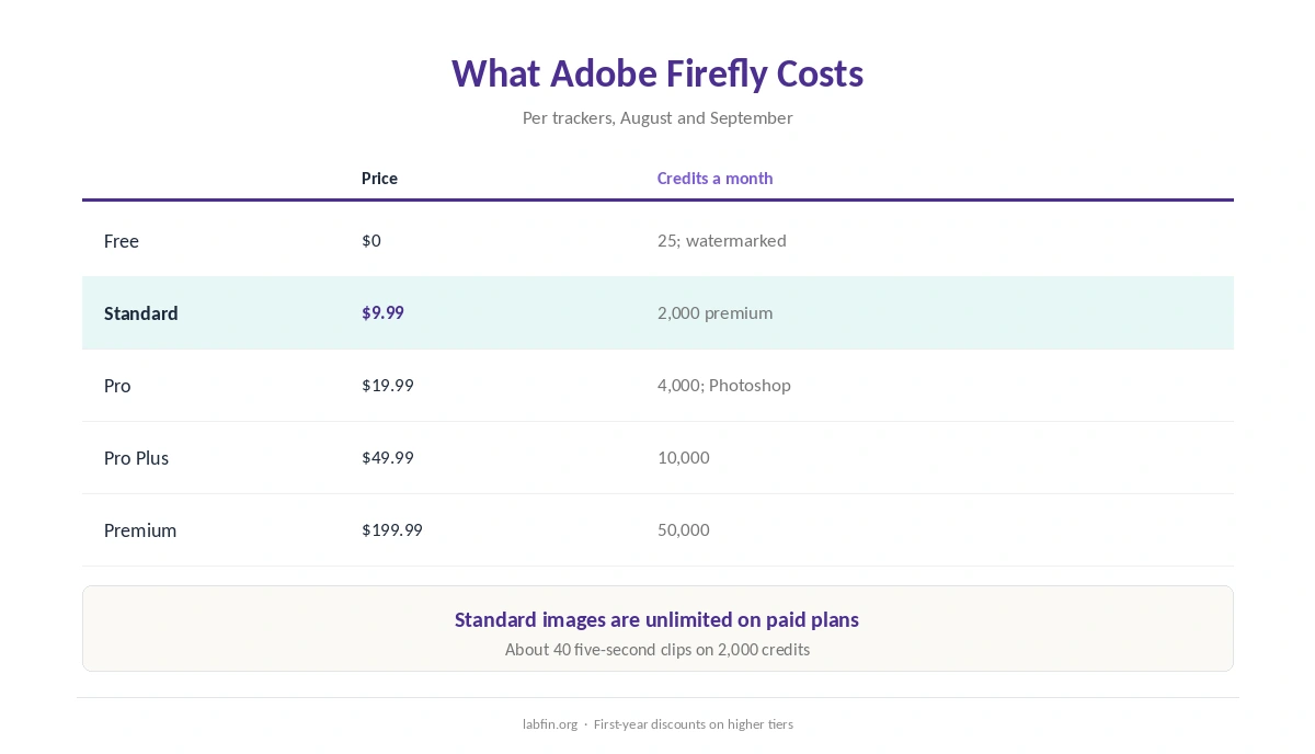 Adobe Firefly plans in 2026 with prices and monthly usage limits