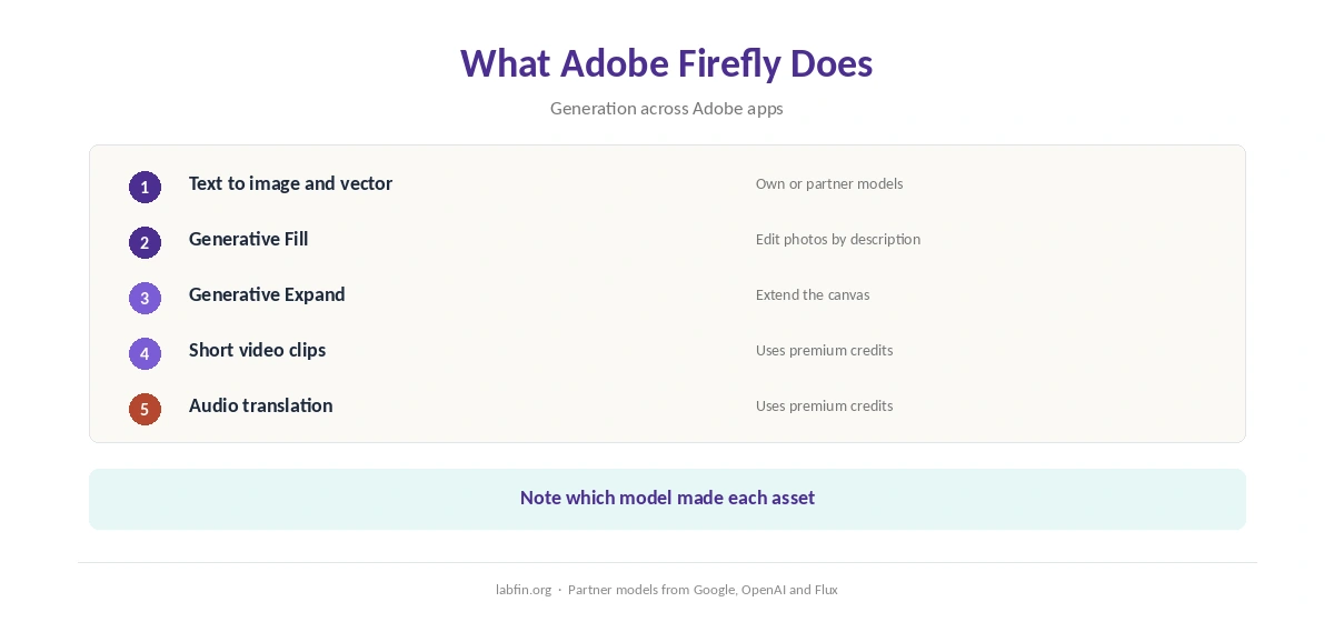 What Adobe Firefly does: text to image, Generative Fill, video clips and translation