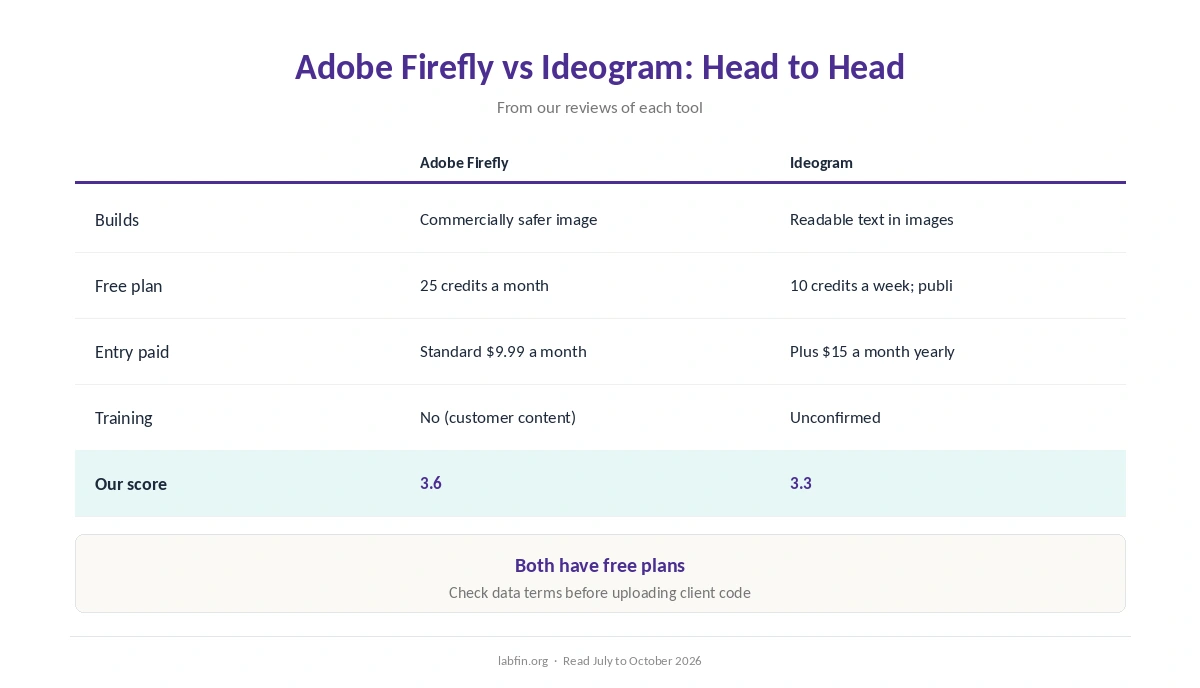 Adobe Firefly and Ideogram side by side on best use, free plan, price, billing, training and our scores