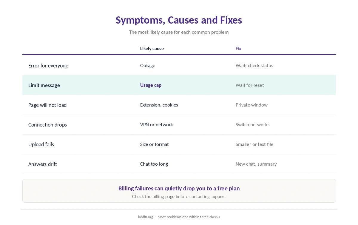 Common symptoms of AI tool problems and the most likely cause and fix for each