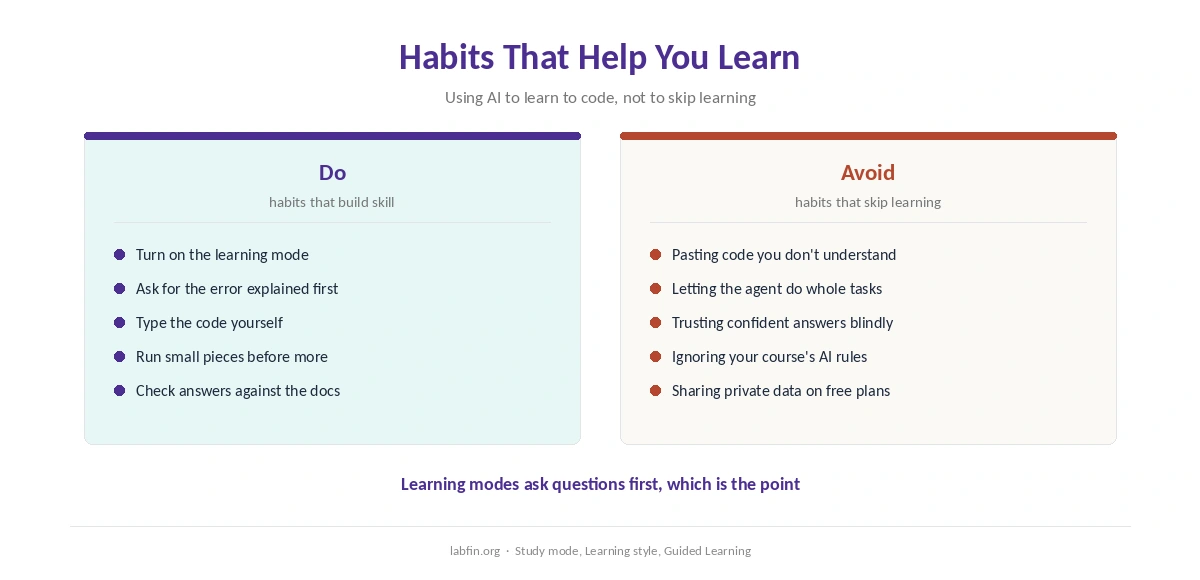 Habits that help beginners learn to code with AI, and habits that hold them back