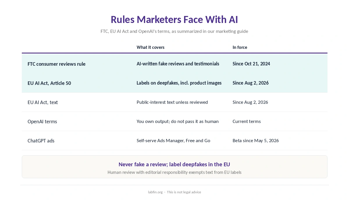 Rules marketers face when using AI: FTC fake-review rule, EU AI Act labels and ChatGPT's ad terms