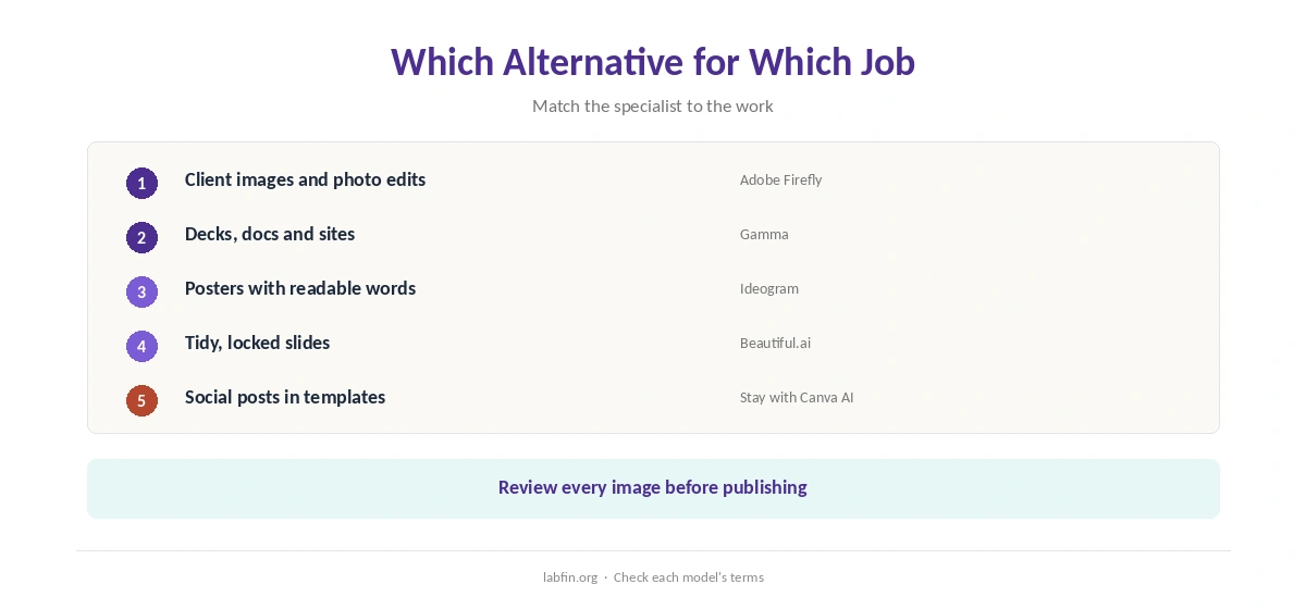 Which Canva AI alternative fits which design job