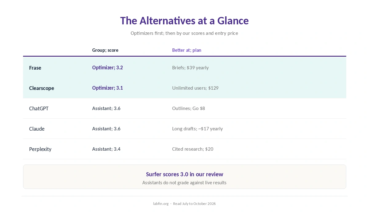 Surfer SEO alternatives at a glance: group, our score, what each does better and the plan to start