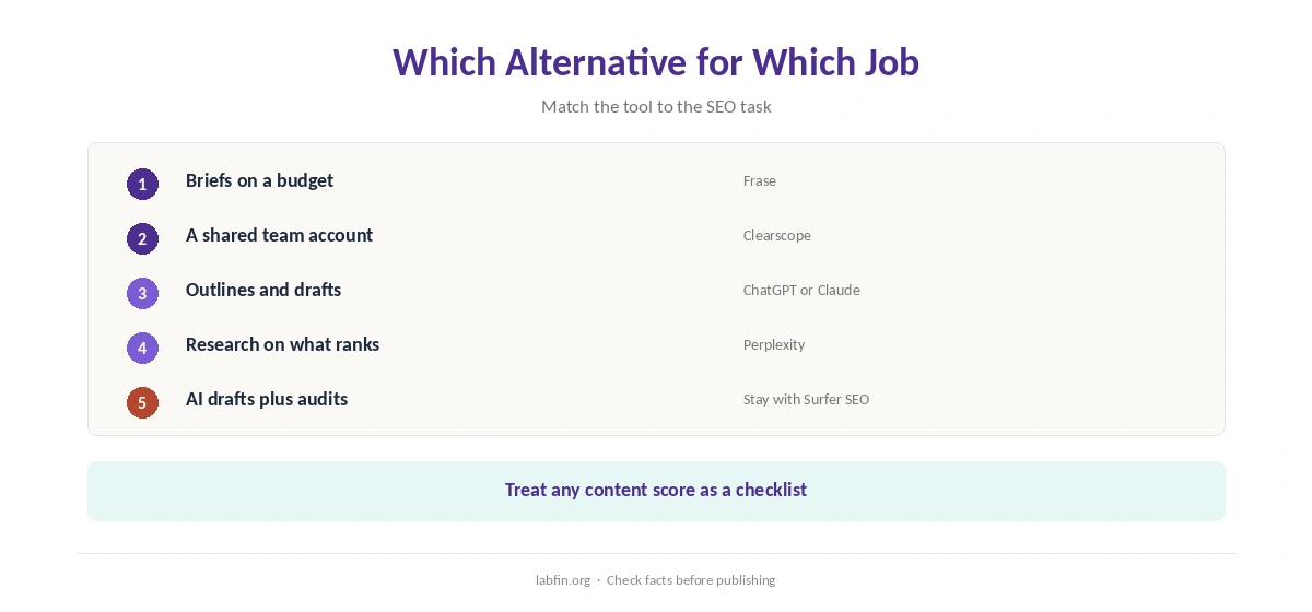 Which Surfer SEO alternative fits which SEO job