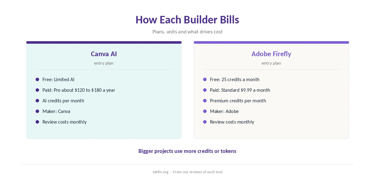 How Canva AI and Adobe Firefly bill: plans, usage and what drives cost