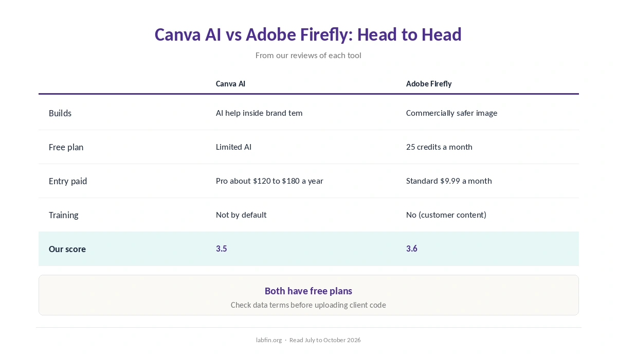 Canva AI and Adobe Firefly side by side on best use, free plan, price, billing, training and our scores