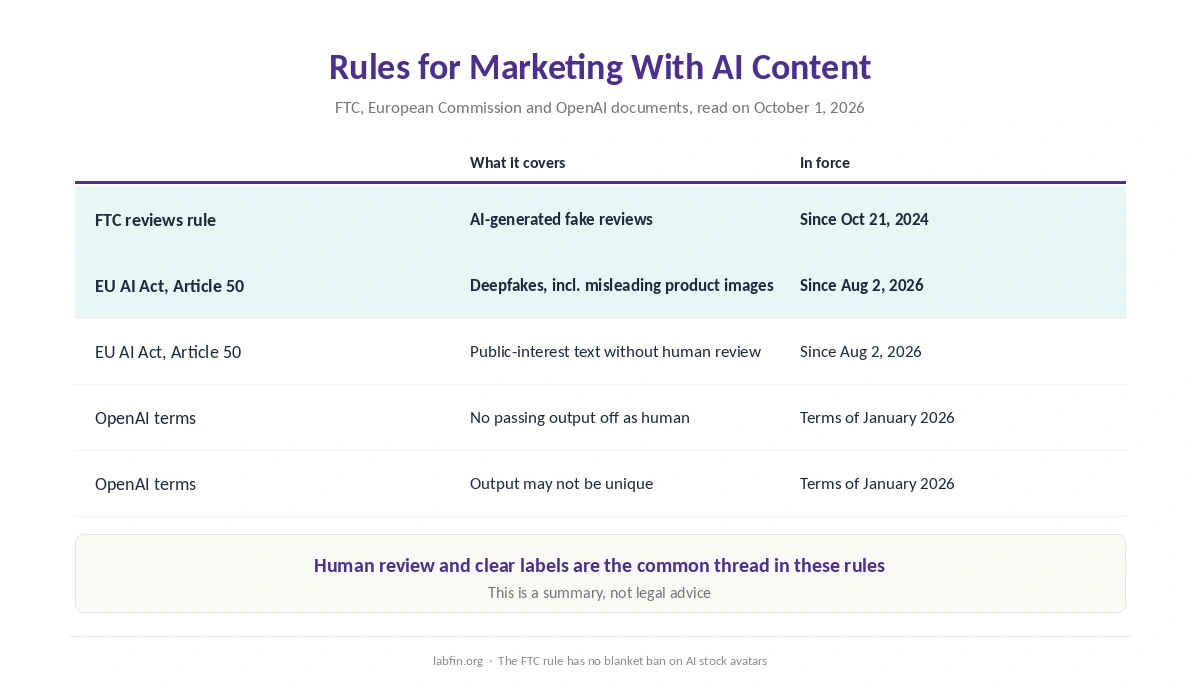 Rules marketers face when using AI content: the FTC reviews rule, EU AI Act Article 50 and OpenAI's terms