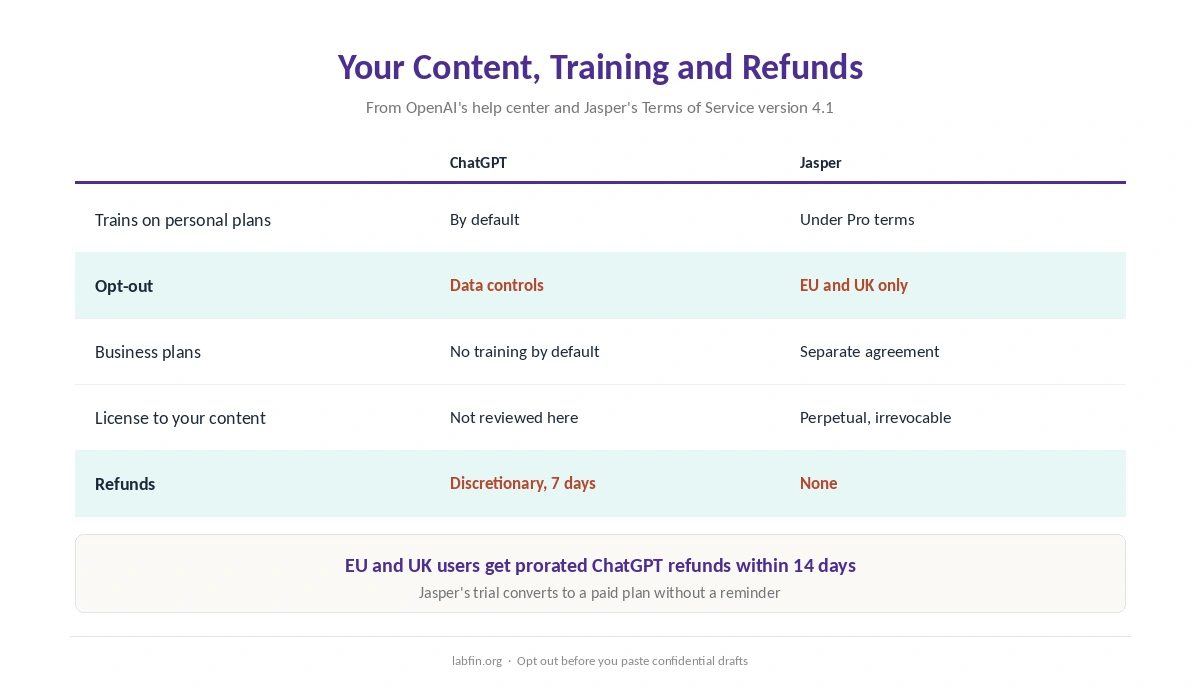 How ChatGPT and Jasper treat your content, training opt-outs and refunds