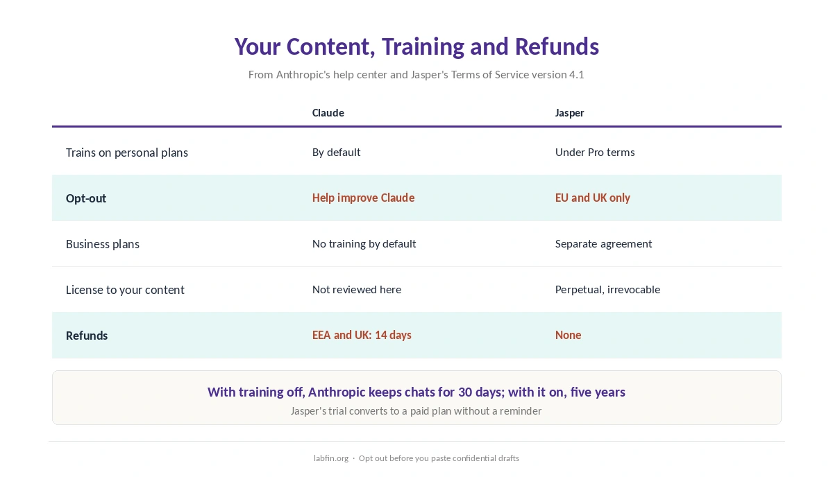 How Claude and Jasper treat your content, training opt-outs and refunds