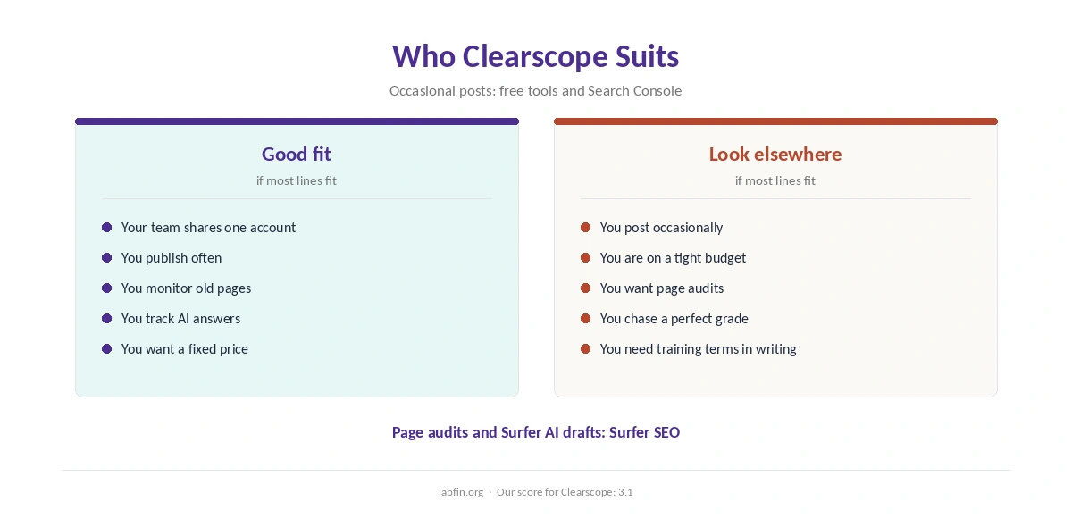Who Clearscope suits and who should use a general assistant or Search Console instead