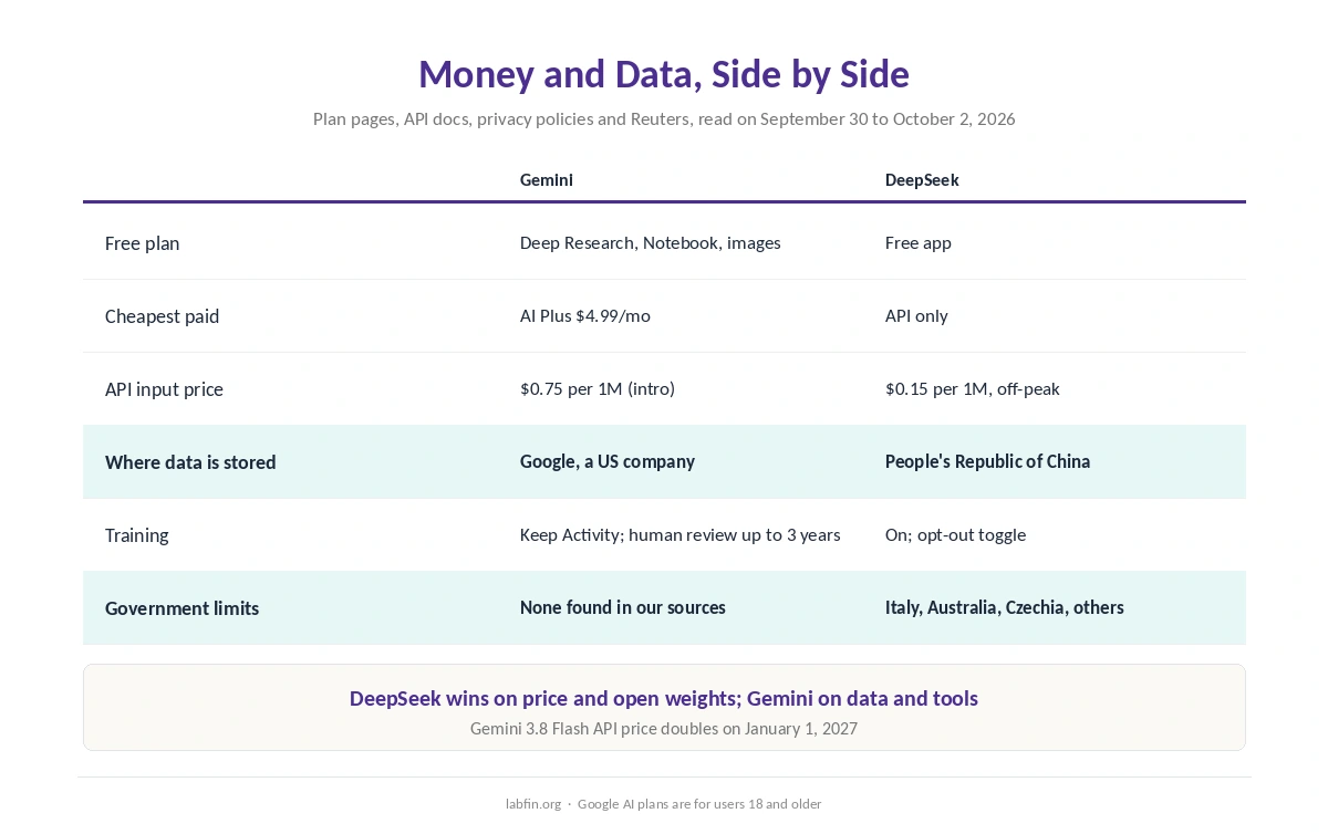 Gemini and DeepSeek side by side on free plans, paid plans, API prices, data location and training