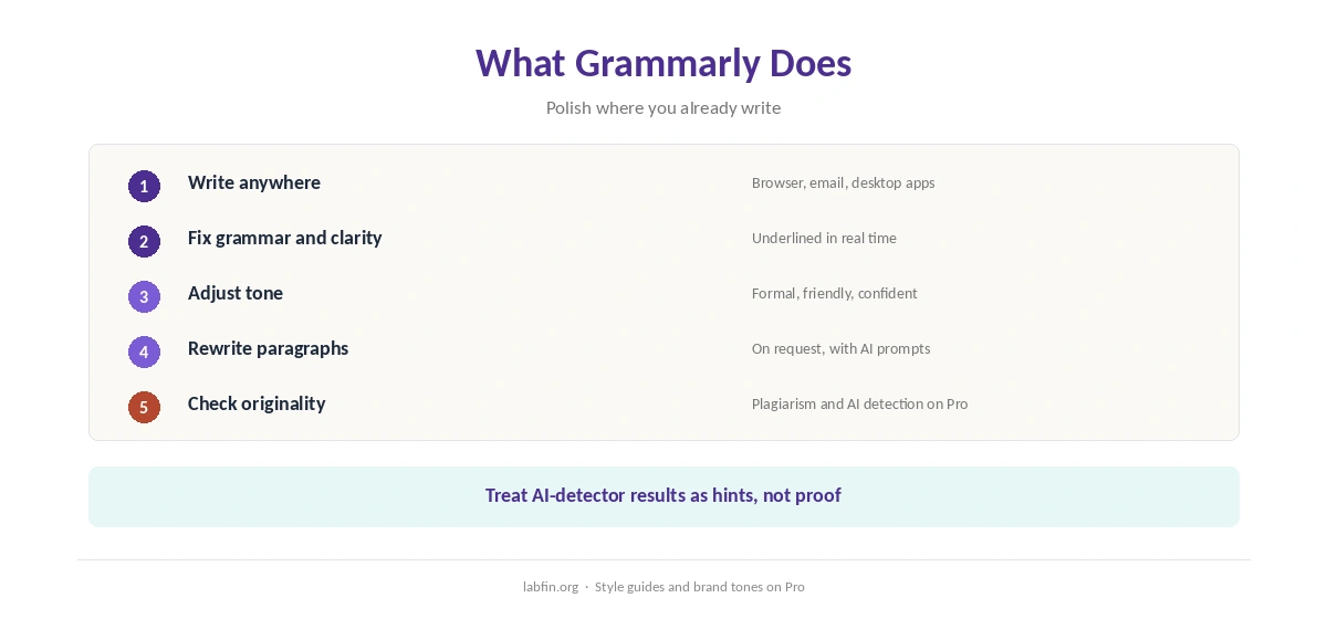 What Grammarly does: grammar and clarity checks, rewrites, tone, plagiarism and AI text detection