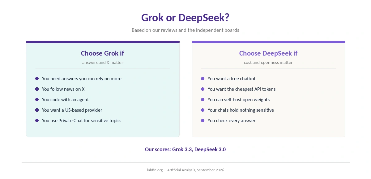 Who should choose Grok and who should choose DeepSeek, by what matters most to them