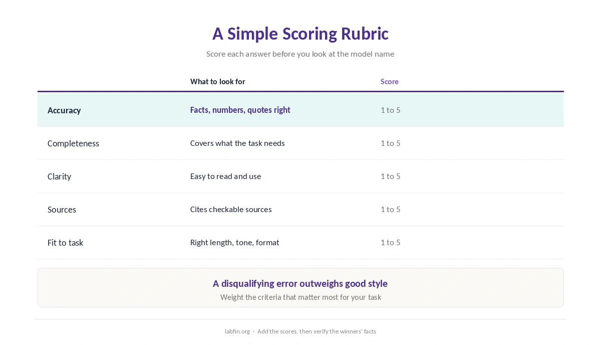 A simple scoring rubric for AI outputs: accuracy, completeness, clarity, sources and fit to the task