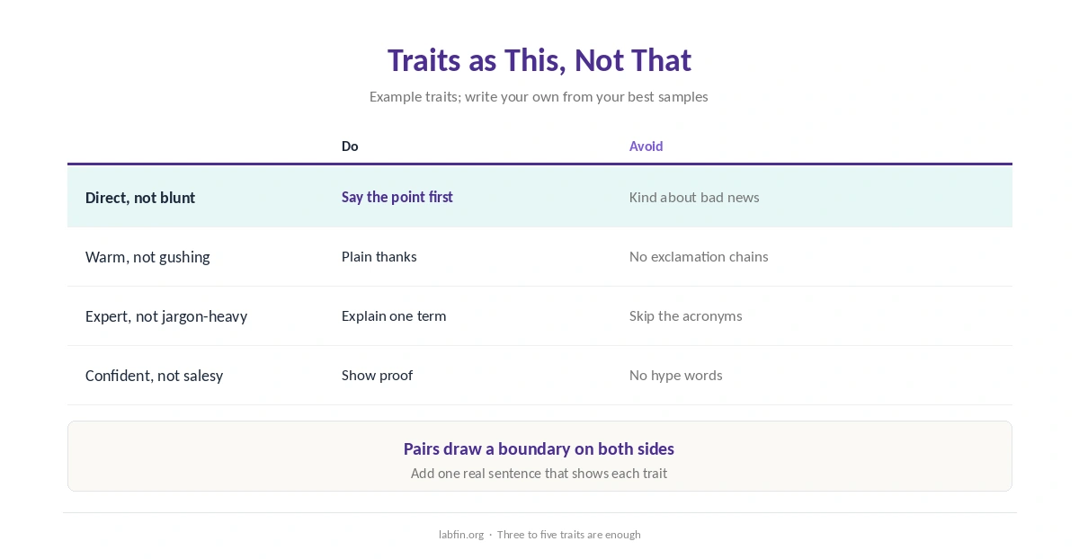 Example brand voice traits written as this, not that, with a sample sentence for each