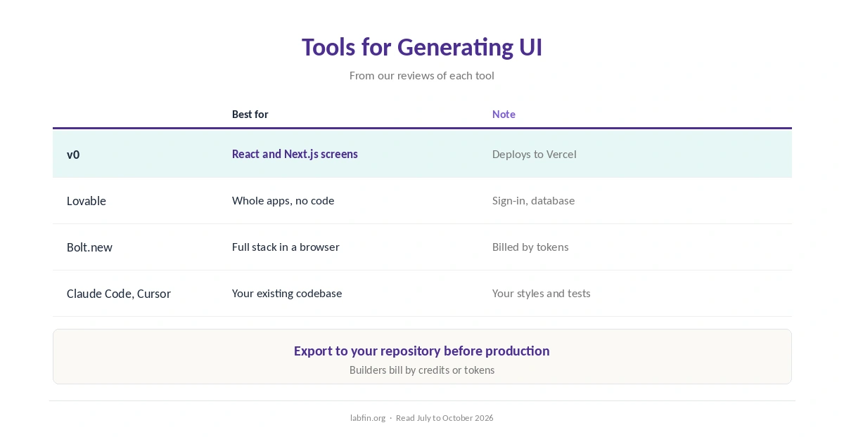 Tools for generating UI with AI: v0, Bolt.new, Lovable and coding agents, and what each fits