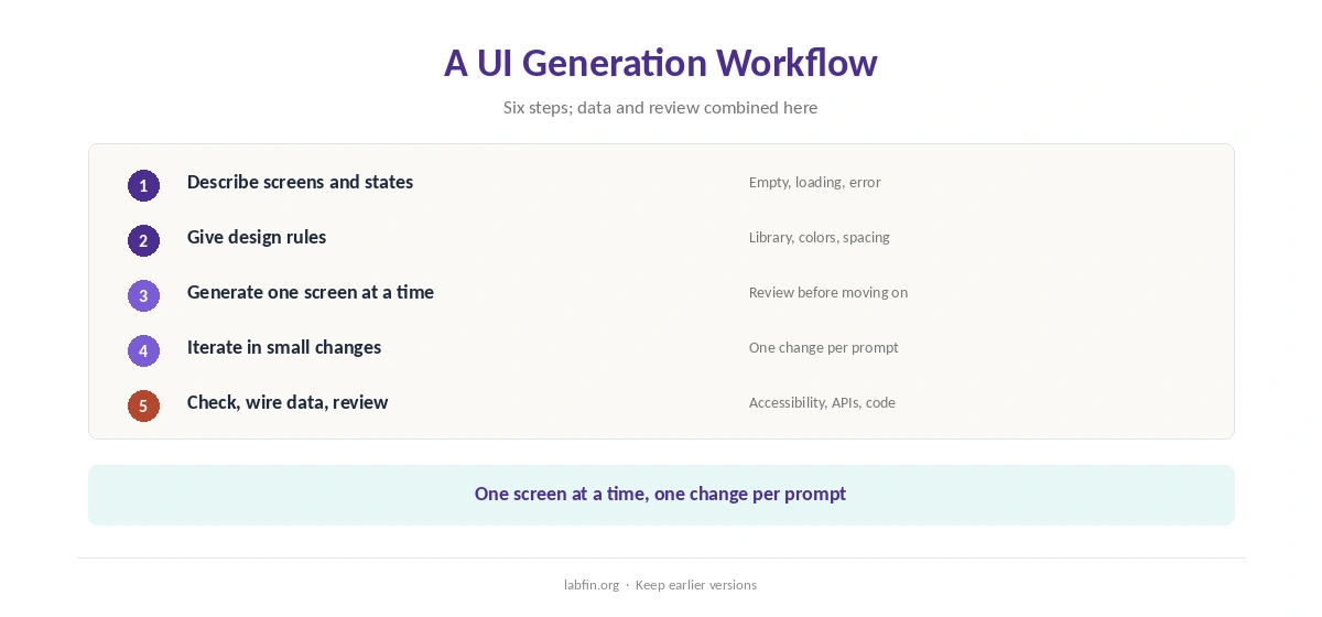 A six-step workflow for generating user interfaces with AI