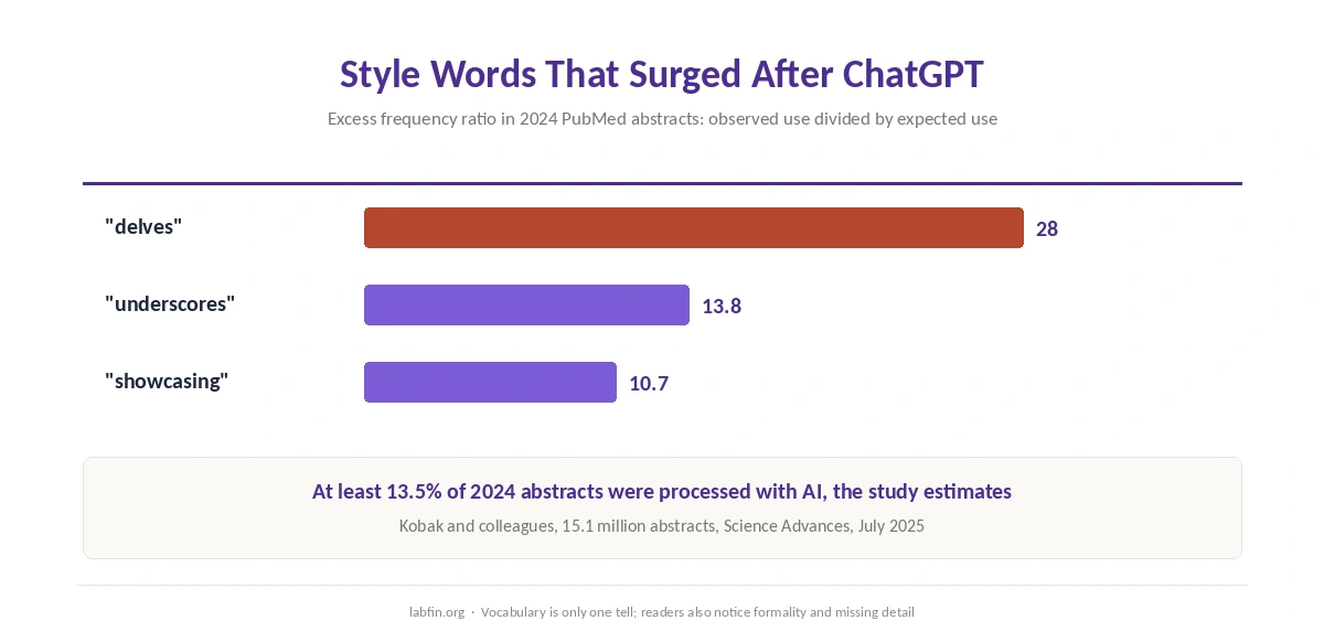 How much more often style words such as delves, underscores and showcasing appeared in 2024 research abstracts