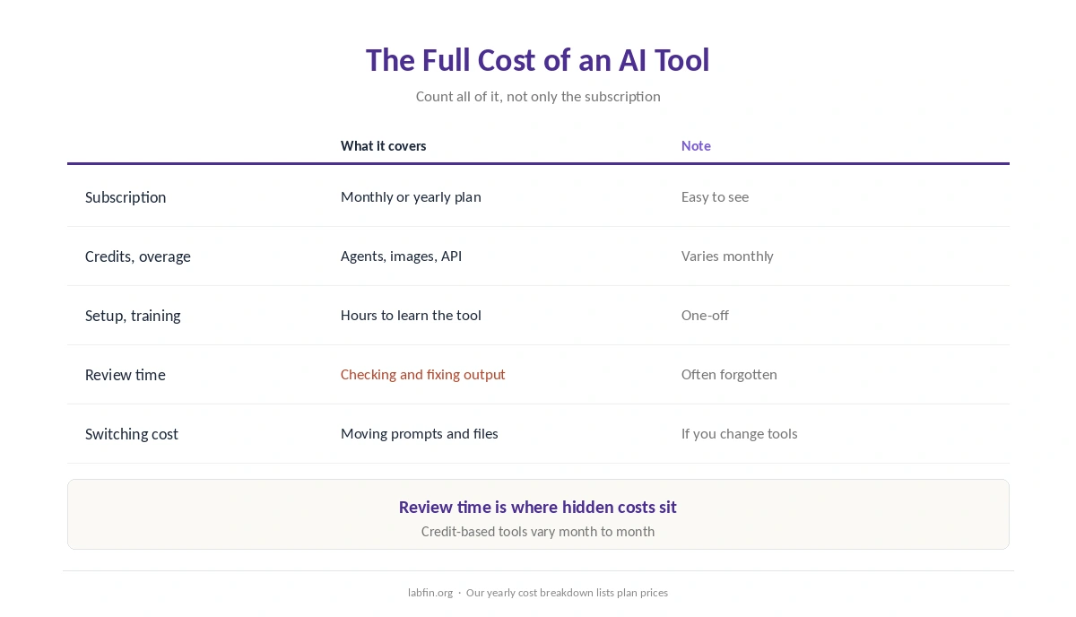 The full cost of an AI tool: subscription, credits, setup, training and review time