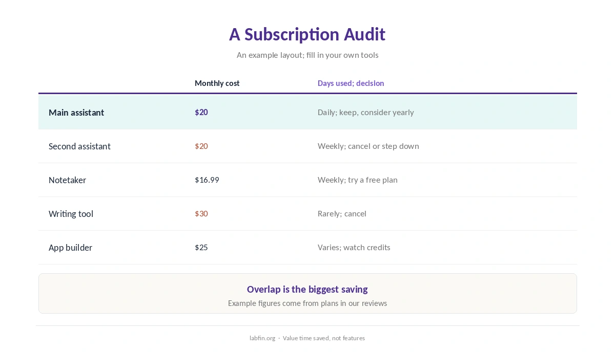 A subscription audit table: tool, monthly cost, uses per week and decision
