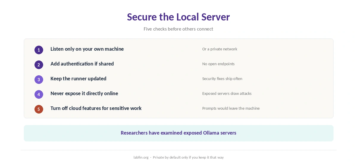 Security checklist for a local AI server: keep it local, add authentication, update and limit access