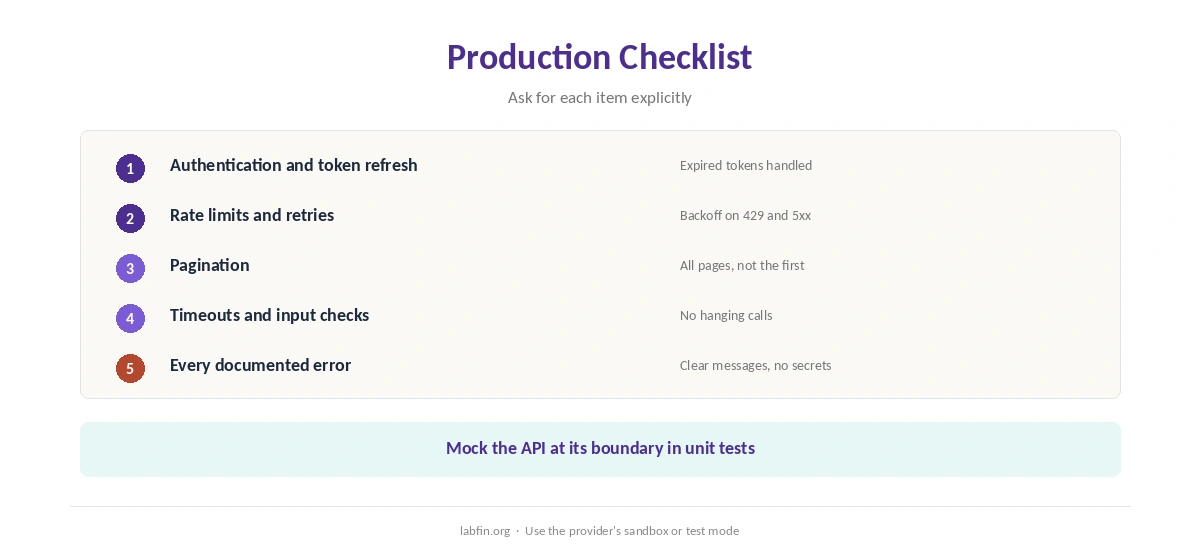 Production checklist for an AI-assisted API integration: auth, limits, retries, pagination and errors