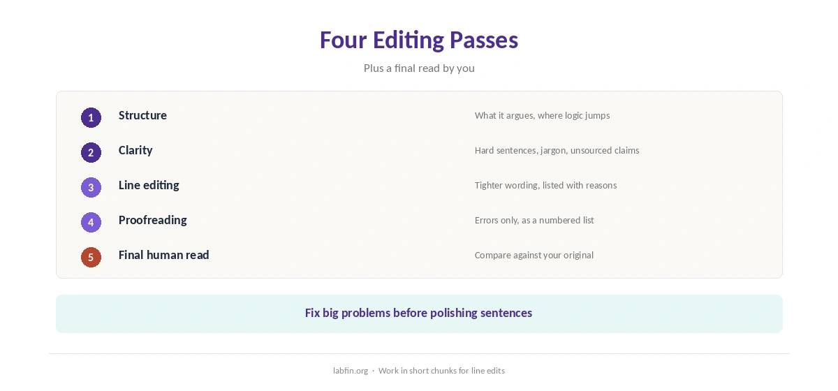 Four editing passes with AI: structure, clarity, line editing and proofreading