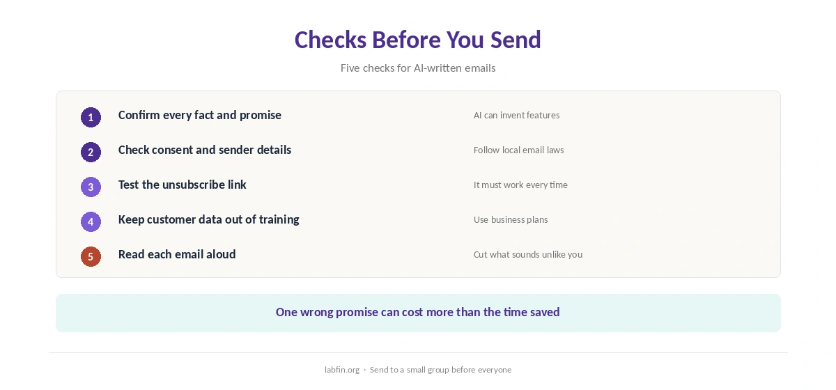 Checks before you send AI-written emails: facts, consent, unsubscribe, customer data, voice