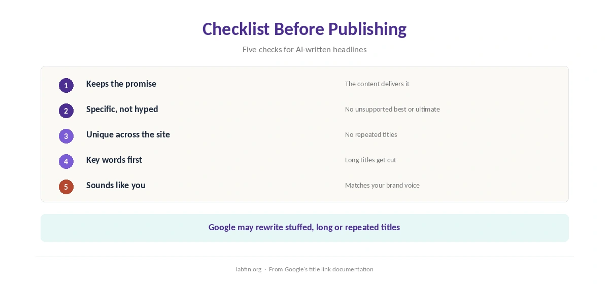 Checklist for AI-written headlines: honest promise, specific, clear, unique and within display width