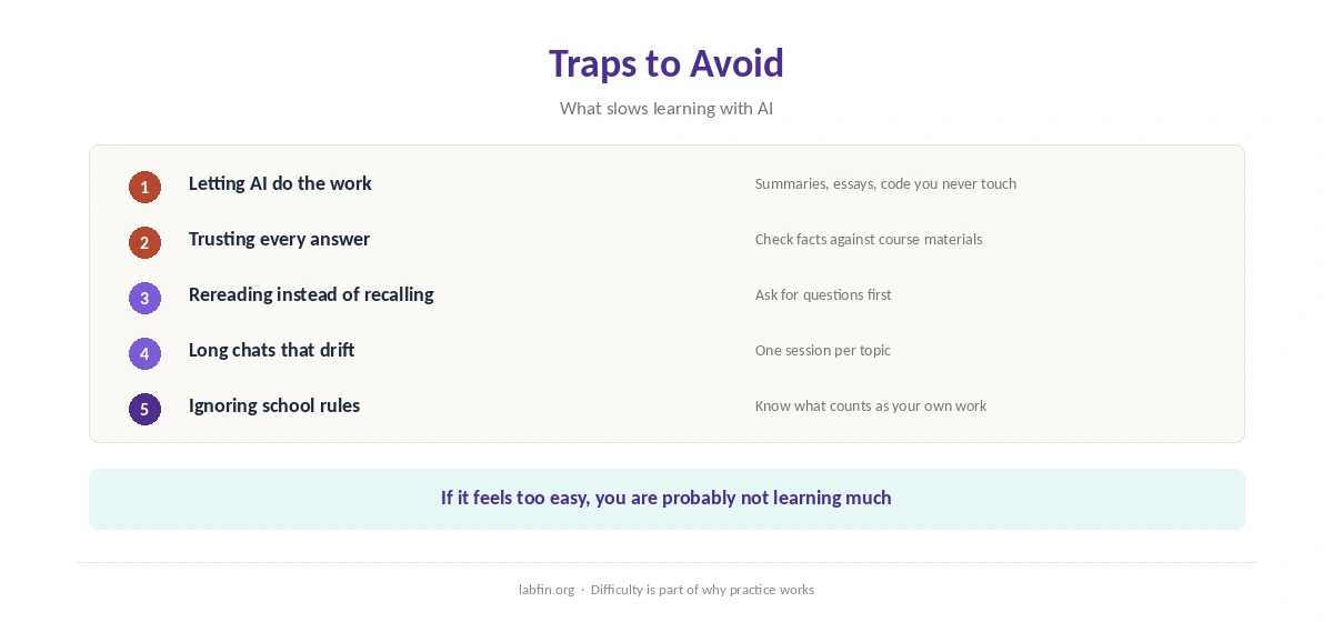 Traps that slow learning with AI, such as letting it do the work or trusting wrong answers