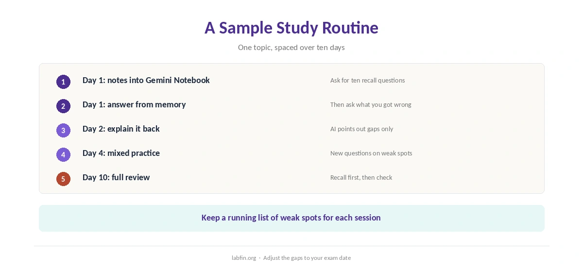 A weekly study routine with AI, from notes to practice questions and spaced review
