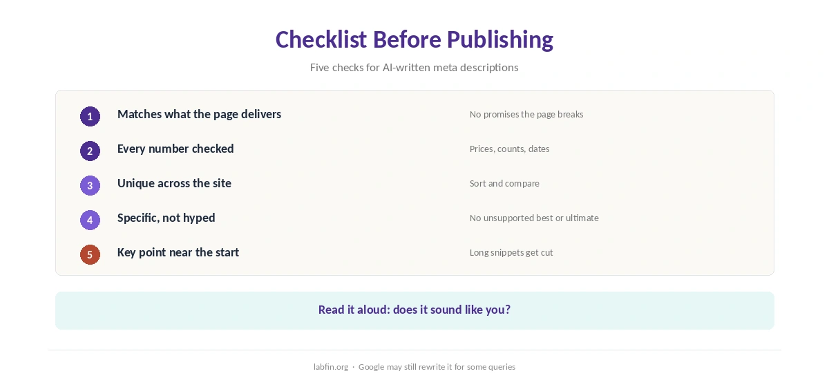 Checklist for AI-written meta descriptions: accurate, unique, specific, readable and within length