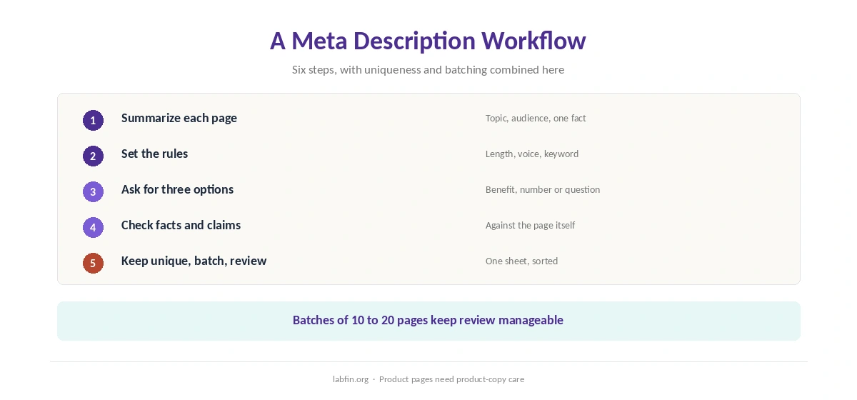 A six-step workflow for writing meta descriptions with AI
