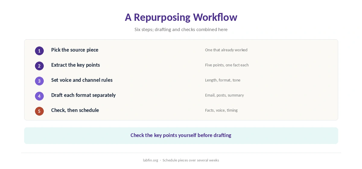 A six-step workflow for repurposing content with AI