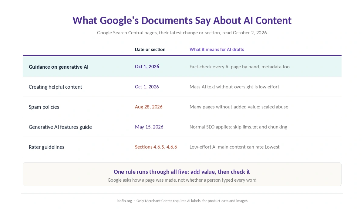 Five Google Search documents on AI content, with their latest change and what each means for drafts