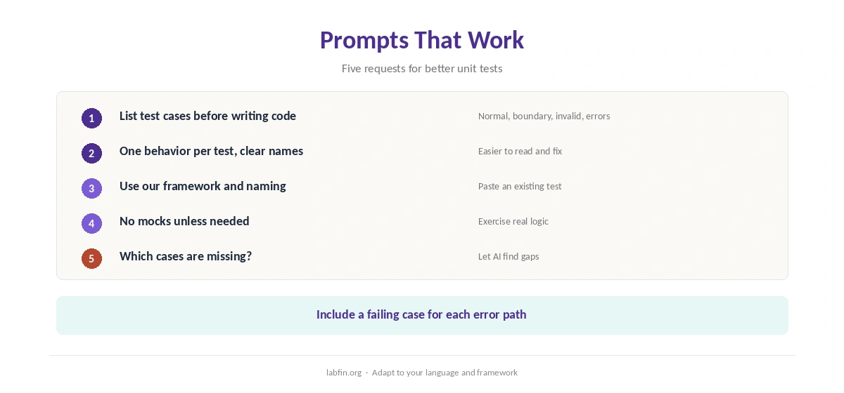 Prompts that produce useful unit tests with AI