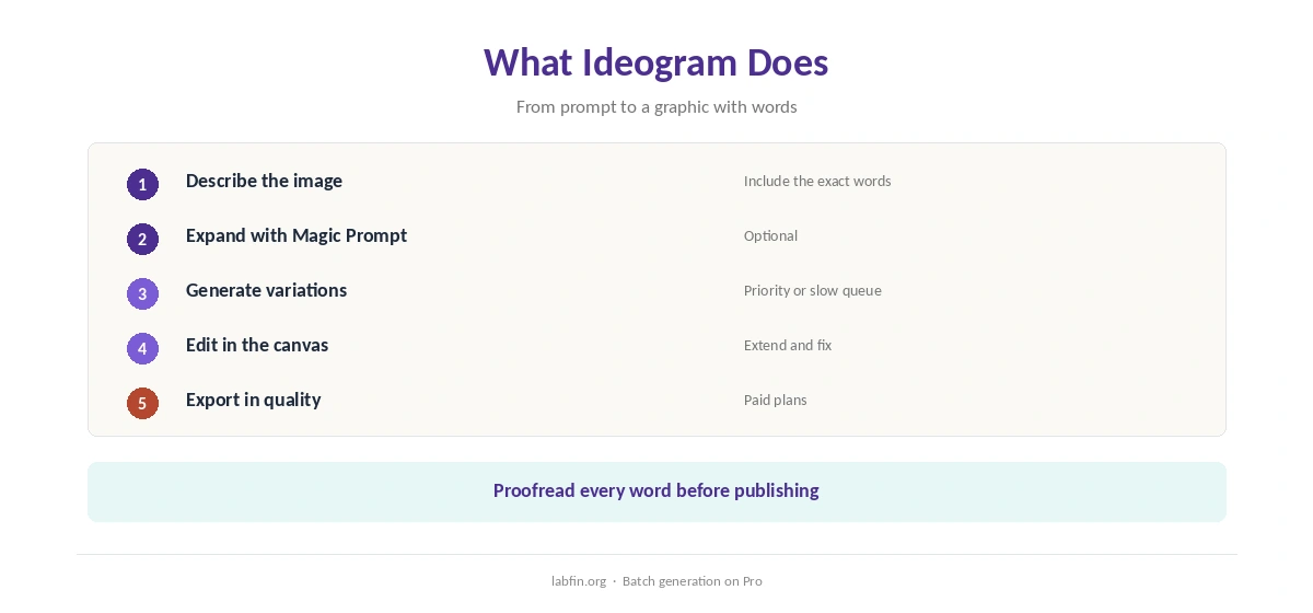 What Ideogram does: text to image with typography, editing and batch generation