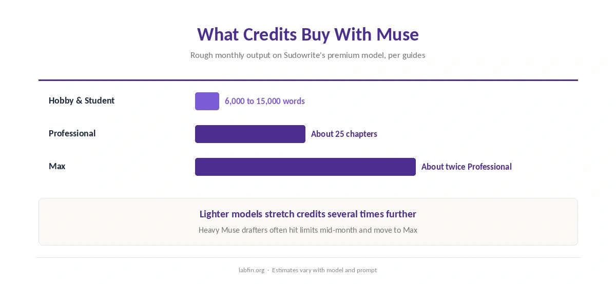 What Sudowrite credits buy: roughly how many words each plan produces with the Muse model