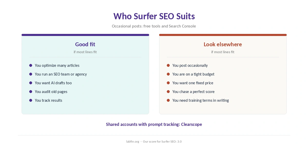 Who Surfer SEO suits and who should use a general assistant or Search Console instead