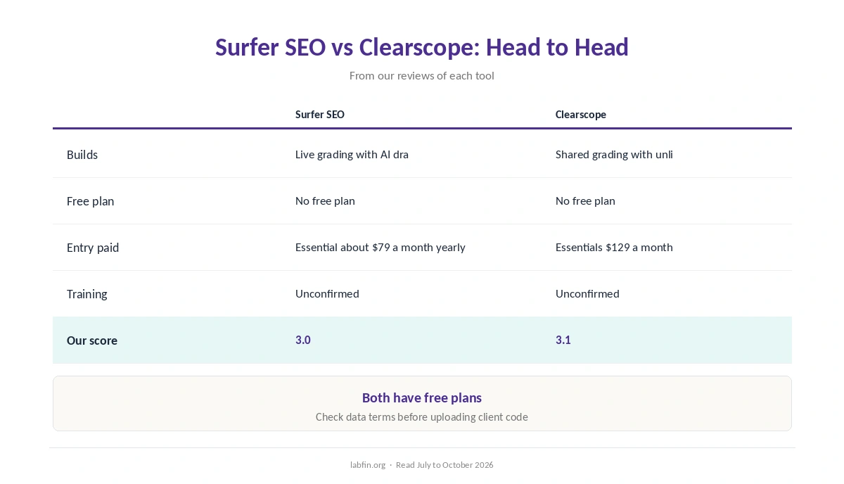 Surfer SEO and Clearscope side by side on best use, free plan, price, billing, training and our scores