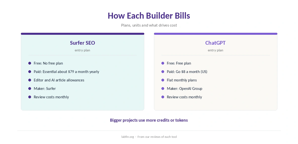 How Surfer SEO and ChatGPT bill: plans, usage and what drives cost