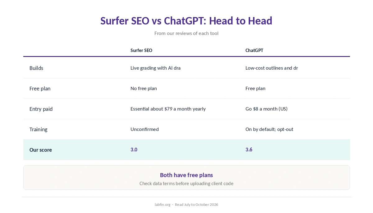Surfer SEO and ChatGPT side by side on best use, free plan, price, billing, training and our scores
